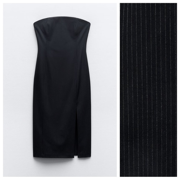 NWT. Zara Black/Ecru Viscose Blend Pinstripe Midi Dress. Size M. - Picture 3 of 9